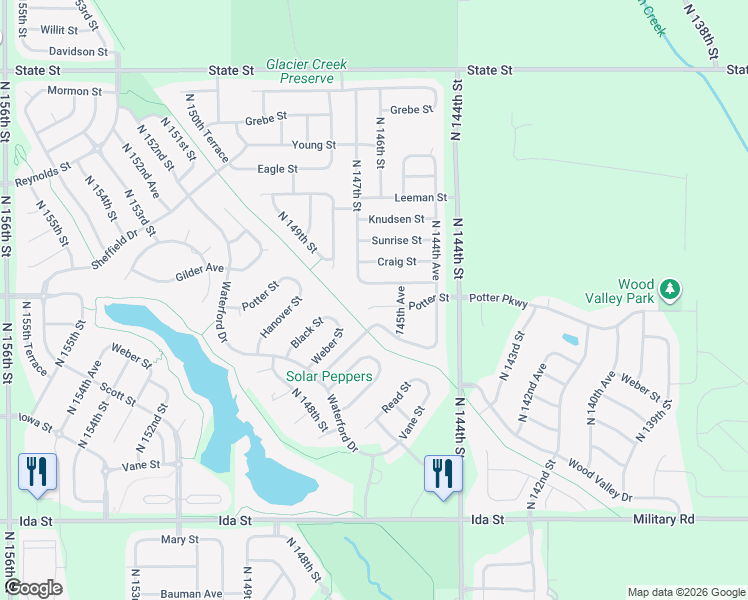 map of restaurants, bars, coffee shops, grocery stores, and more near 14570 Potter Circle in Bennington