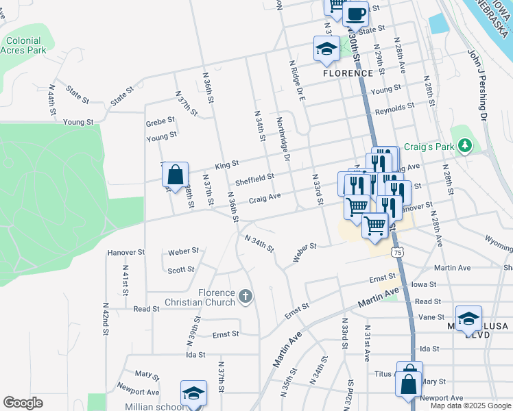 map of restaurants, bars, coffee shops, grocery stores, and more near 3445 Craig Avenue in Omaha