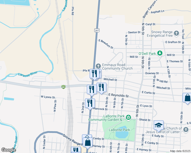map of restaurants, bars, coffee shops, grocery stores, and more near 1759 North 3rd Street in Laramie