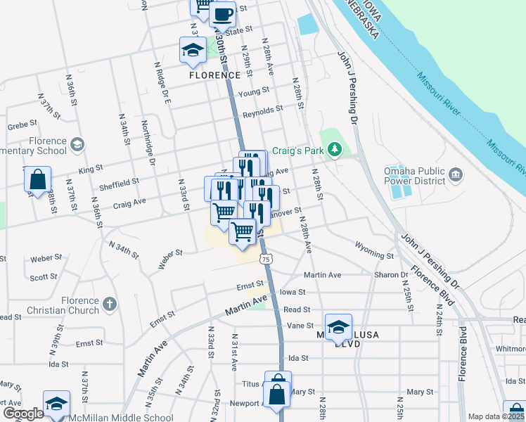 map of restaurants, bars, coffee shops, grocery stores, and more near 7505 North 30th Street in Omaha