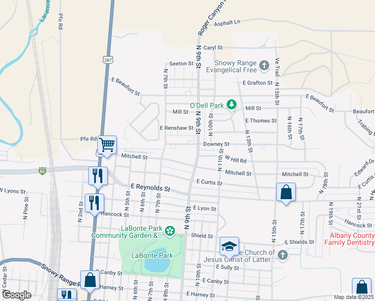 map of restaurants, bars, coffee shops, grocery stores, and more near 708 Downey Street in Laramie