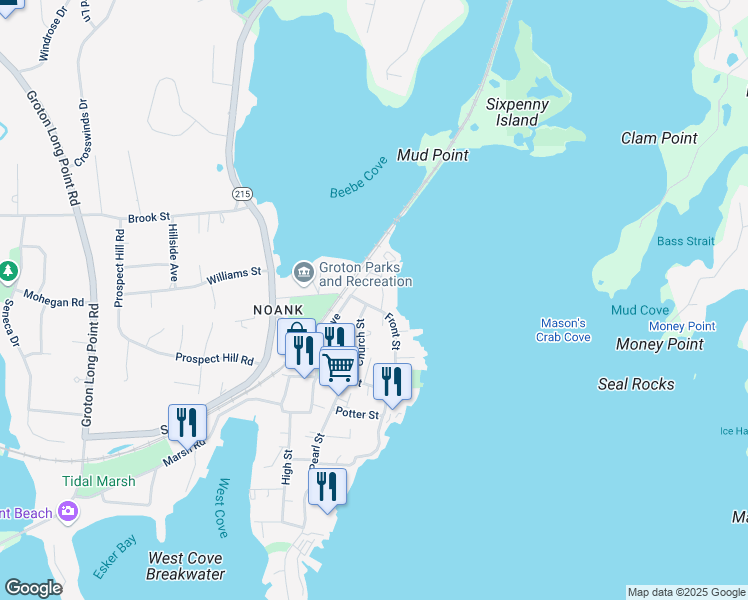 map of restaurants, bars, coffee shops, grocery stores, and more near 82 Front Street in Groton