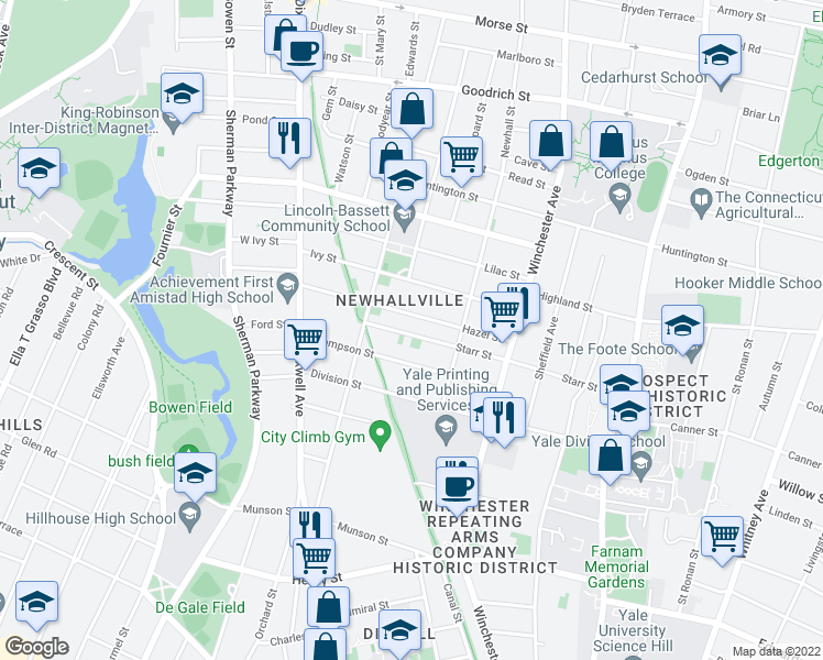 map of restaurants, bars, coffee shops, grocery stores, and more near 254 Starr Street in New Haven