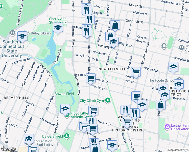 map of restaurants, bars, coffee shops, grocery stores, and more near 185 Thompson Street in New Haven