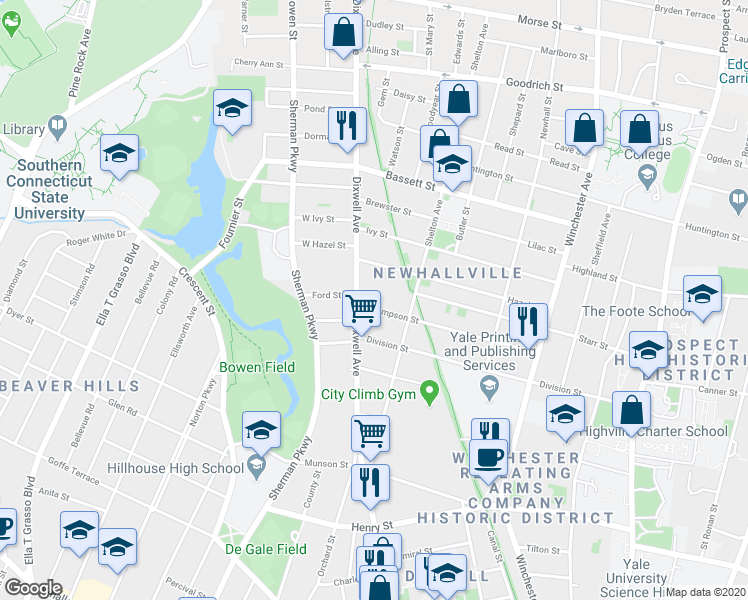 map of restaurants, bars, coffee shops, grocery stores, and more near 185 Thompson Street in New Haven