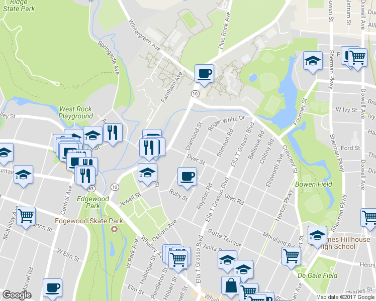 map of restaurants, bars, coffee shops, grocery stores, and more near 14 Roger White Drive in New Haven