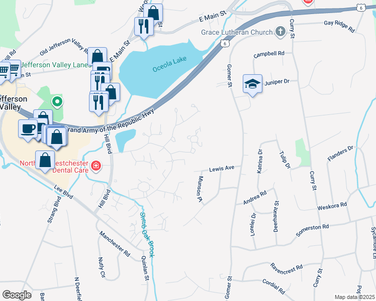 map of restaurants, bars, coffee shops, grocery stores, and more near 110 Village Road in Yorktown Heights