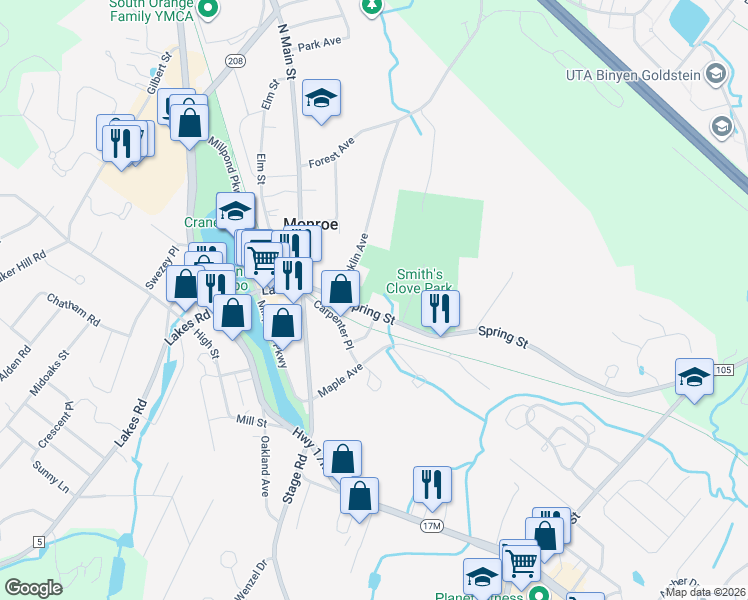 map of restaurants, bars, coffee shops, grocery stores, and more near 129 Spring Street in Monroe