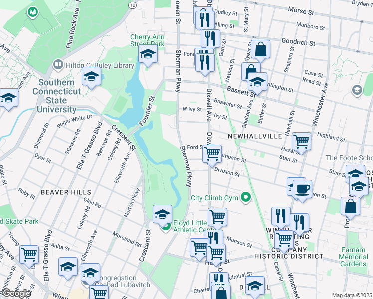 map of restaurants, bars, coffee shops, grocery stores, and more near 38 Ford Street in New Haven
