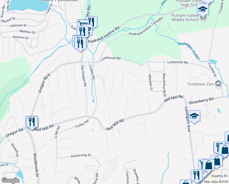 map of restaurants, bars, coffee shops, grocery stores, and more near 21 East Hill Road in Cortlandt