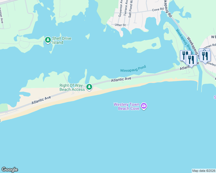 map of restaurants, bars, coffee shops, grocery stores, and more near 529 Atlantic Avenue in Westerly