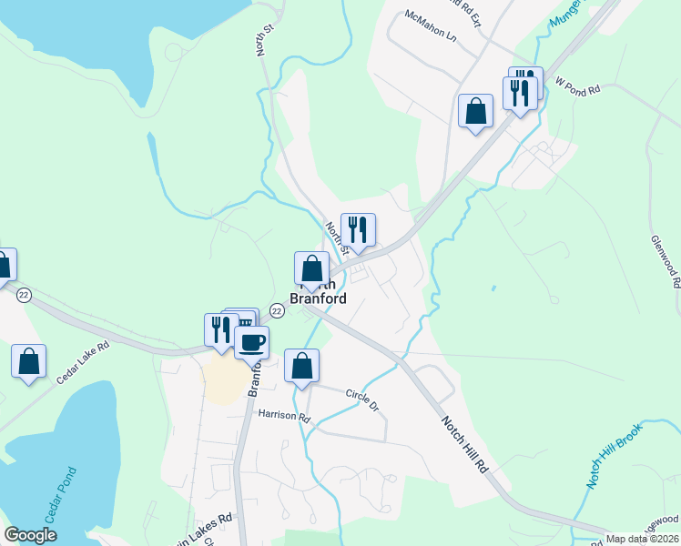map of restaurants, bars, coffee shops, grocery stores, and more near 1705 Foxon Road in North Branford