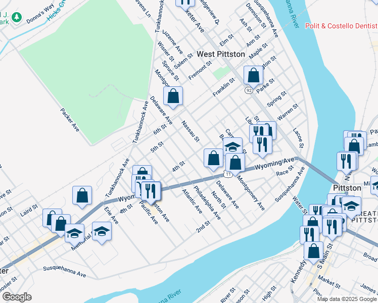 map of restaurants, bars, coffee shops, grocery stores, and more near 504 4th Street in Moosic