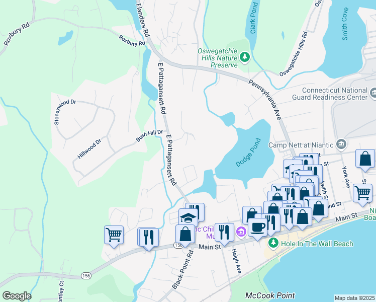 map of restaurants, bars, coffee shops, grocery stores, and more near 99 Edlon Street in East Lyme