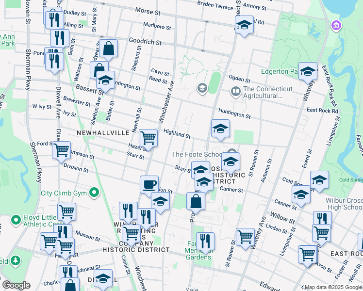map of restaurants, bars, coffee shops, grocery stores, and more near 52 Sheldon Terrace in New Haven