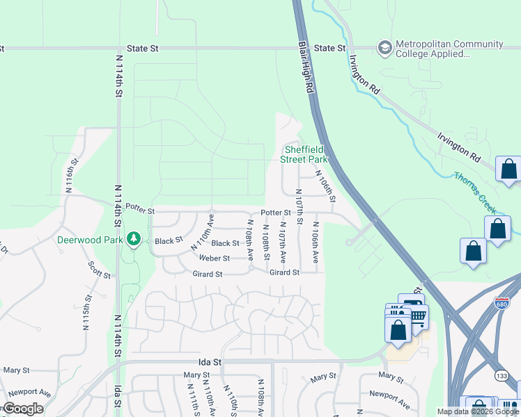 map of restaurants, bars, coffee shops, grocery stores, and more near 10828 Potter Street in Omaha