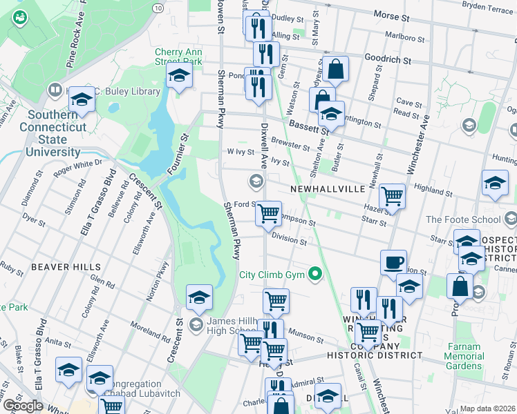 map of restaurants, bars, coffee shops, grocery stores, and more near 16 Ford Street in New Haven