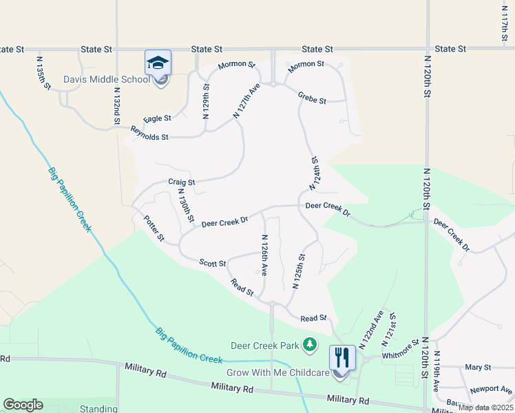 map of restaurants, bars, coffee shops, grocery stores, and more near 12652 Deer Creek Drive in Omaha