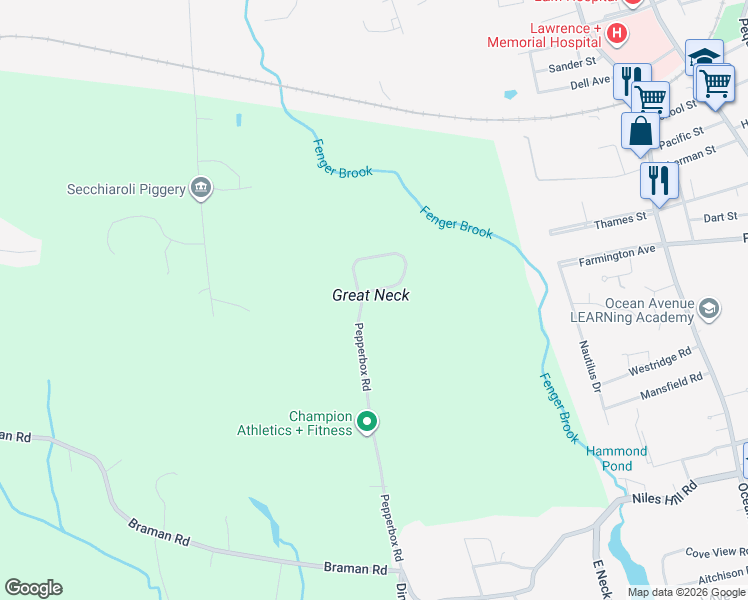 map of restaurants, bars, coffee shops, grocery stores, and more near 72 Pepperbox Road in Waterford