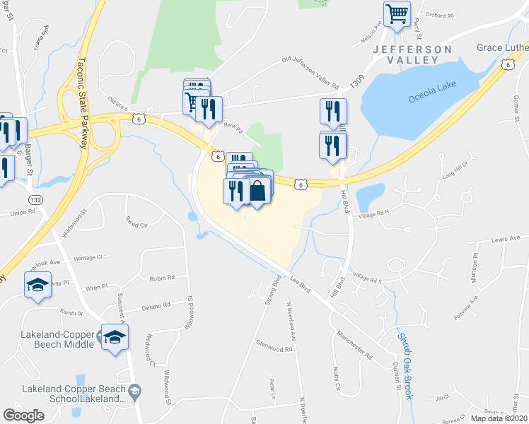 map of restaurants, bars, coffee shops, grocery stores, and more near 600 Lee Boulevard in Yorktown Heights