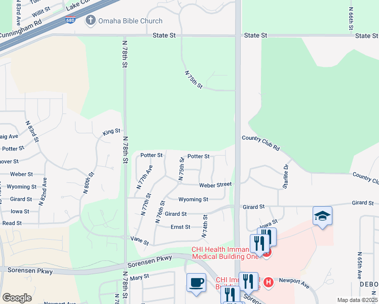 map of restaurants, bars, coffee shops, grocery stores, and more near 7522 North 75th Street in Omaha