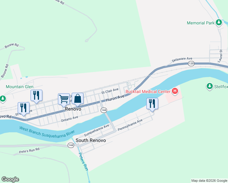 map of restaurants, bars, coffee shops, grocery stores, and more near 1098 Saint Clair Avenue in Renovo