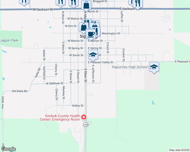 map of restaurants, bars, coffee shops, grocery stores, and more near 500-726 South Shuffleton Street in Sigourney