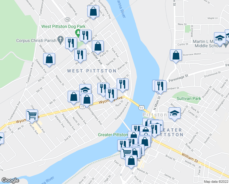 map of restaurants, bars, coffee shops, grocery stores, and more near 11 Stanton Street in Pittston