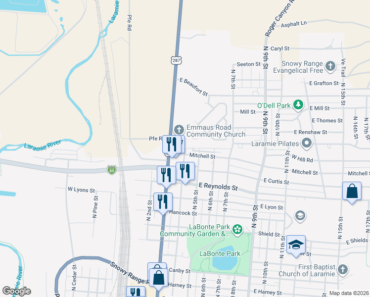 map of restaurants, bars, coffee shops, grocery stores, and more near East Mitchell Street in Laramie