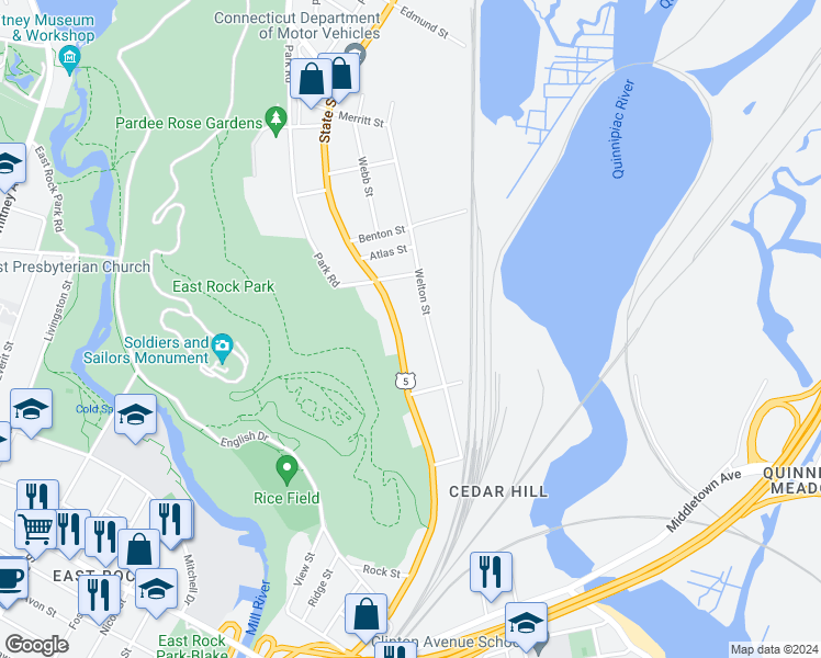 map of restaurants, bars, coffee shops, grocery stores, and more near 130 Welton Street in Hamden