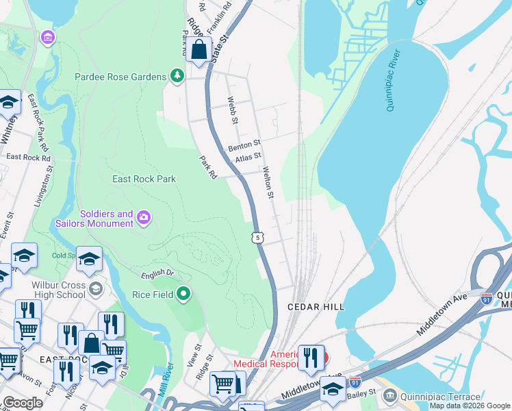 map of restaurants, bars, coffee shops, grocery stores, and more near 1677 State Street in Hamden
