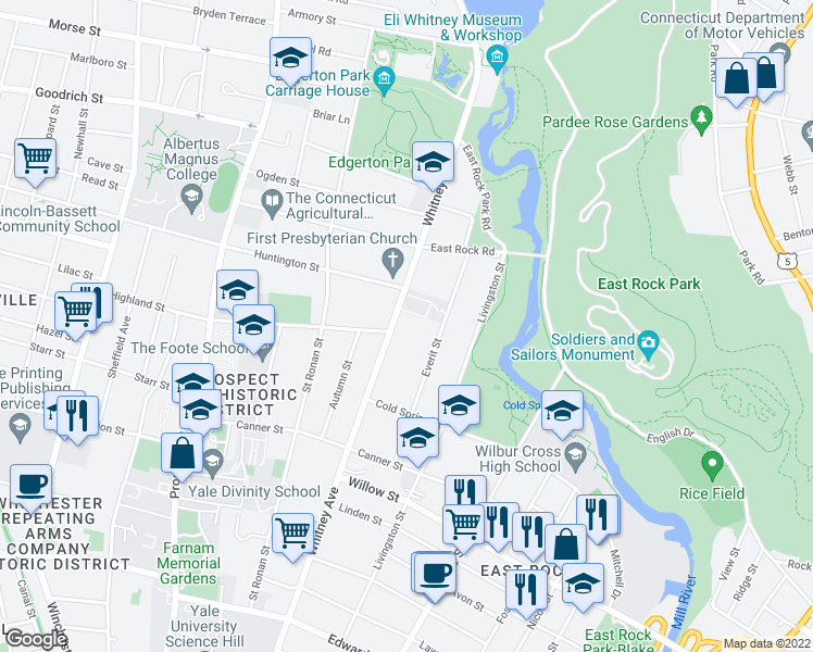 map of restaurants, bars, coffee shops, grocery stores, and more near 140 Everit Street in New Haven