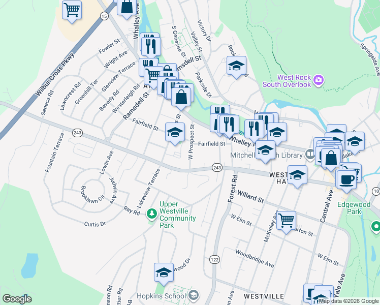 map of restaurants, bars, coffee shops, grocery stores, and more near 31 West Prospect Street in New Haven