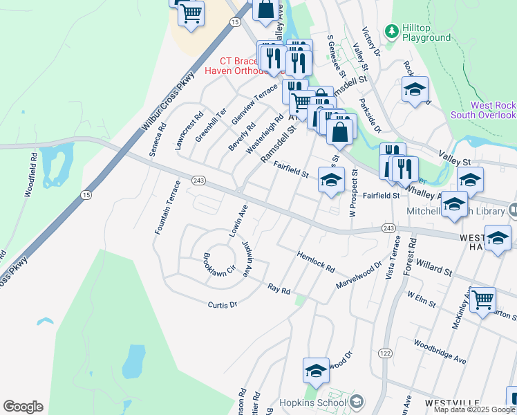 map of restaurants, bars, coffee shops, grocery stores, and more near 10 Colby Court in New Haven