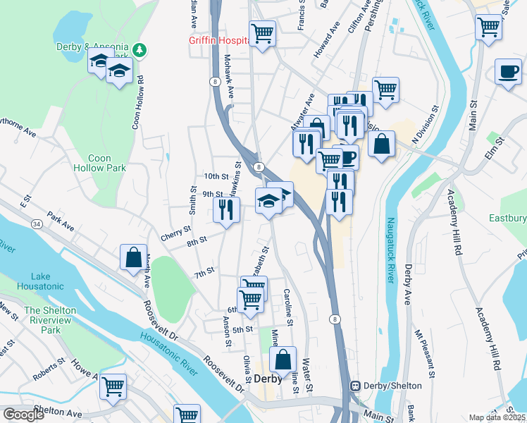 map of restaurants, bars, coffee shops, grocery stores, and more near 24 Seymour Avenue in Derby