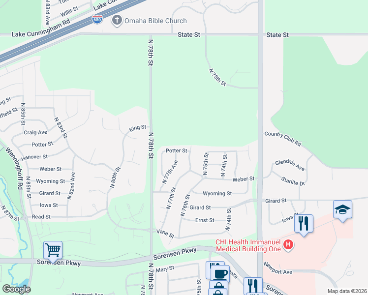 map of restaurants, bars, coffee shops, grocery stores, and more near 7510 North 76th Avenue in Omaha