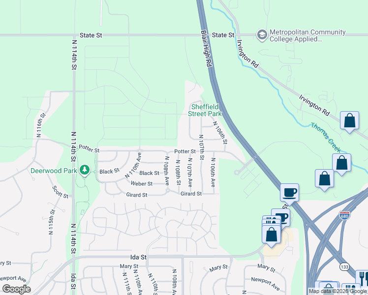 map of restaurants, bars, coffee shops, grocery stores, and more near 7532 North 107th Avenue in Omaha
