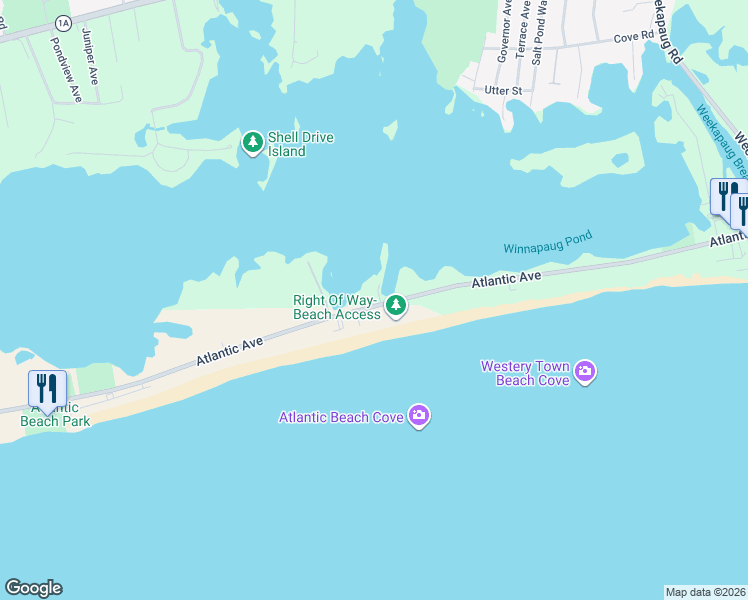 map of restaurants, bars, coffee shops, grocery stores, and more near 495 Atlantic Avenue in Westerly