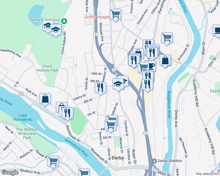 map of restaurants, bars, coffee shops, grocery stores, and more near 323 Olivia Street in Derby