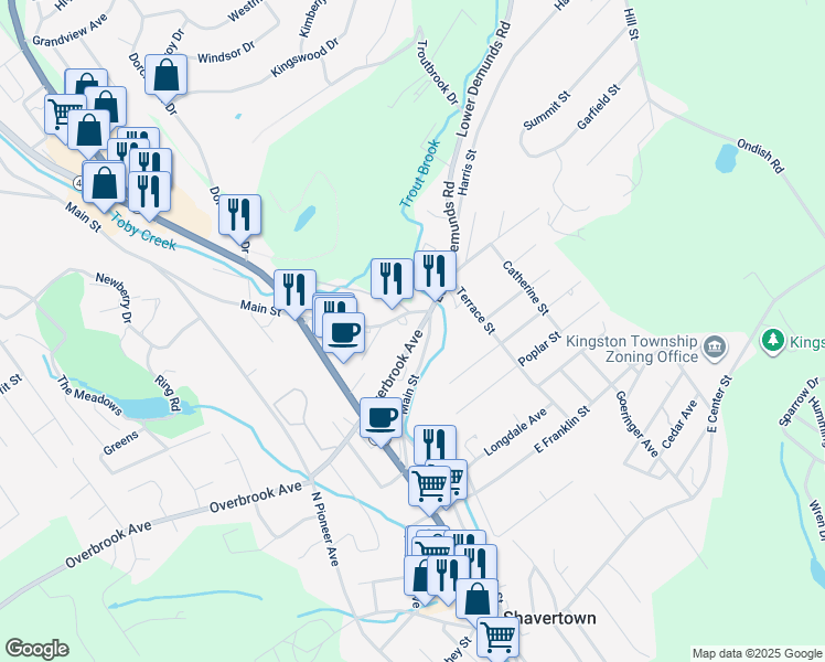map of restaurants, bars, coffee shops, grocery stores, and more near 196 East Overbrook Avenue in Shavertown