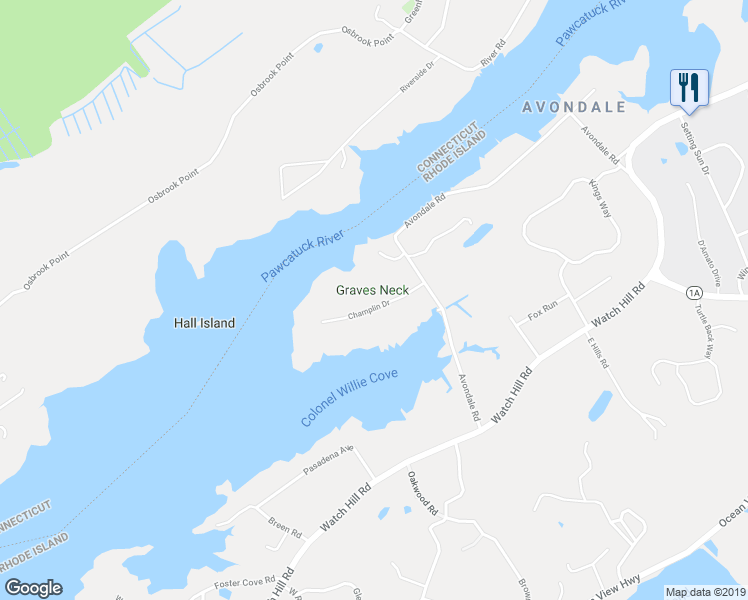map of restaurants, bars, coffee shops, grocery stores, and more near 13 Champlin Drive in Westerly