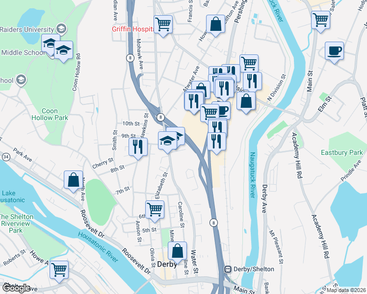 map of restaurants, bars, coffee shops, grocery stores, and more near 22 Garden Place in Derby