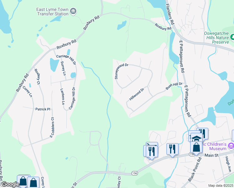 map of restaurants, bars, coffee shops, grocery stores, and more near 7 Bramble Bush Drive in East Lyme