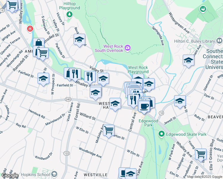 map of restaurants, bars, coffee shops, grocery stores, and more near 1012 Whalley Avenue in New Haven