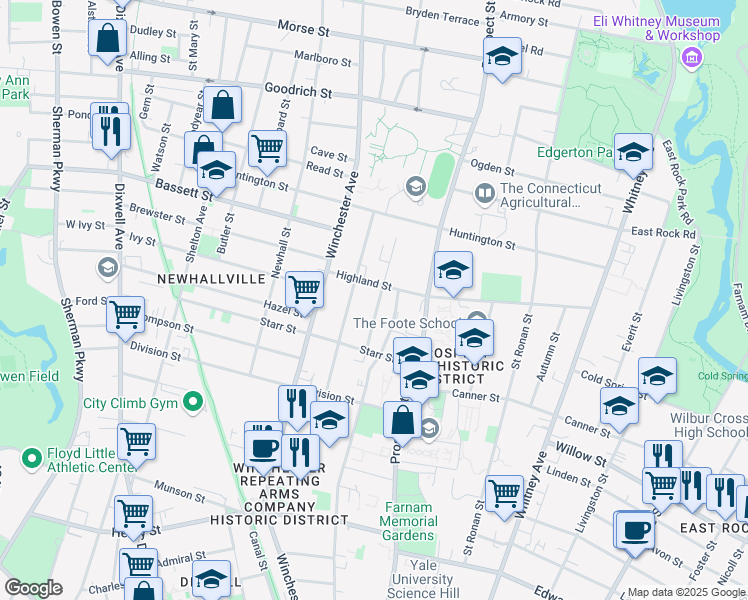 map of restaurants, bars, coffee shops, grocery stores, and more near 45 Sheldon Terrace in New Haven