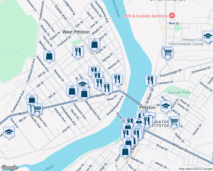 map of restaurants, bars, coffee shops, grocery stores, and more near 222 Wyoming Avenue in Luzerne County