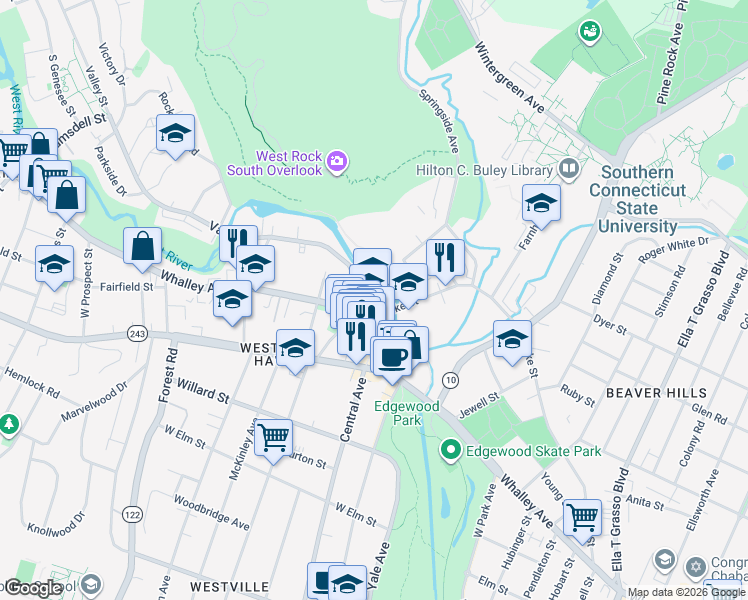 map of restaurants, bars, coffee shops, grocery stores, and more near 918 Whalley Avenue in New Haven