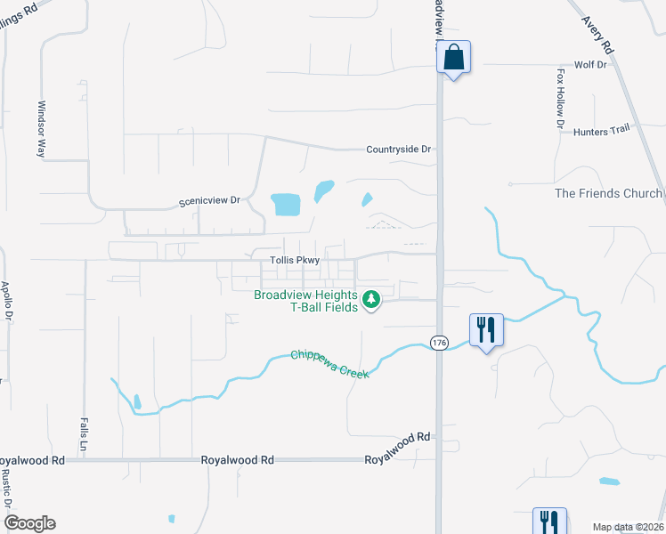 map of restaurants, bars, coffee shops, grocery stores, and more near 611 Tollis Parkway in Broadview Heights