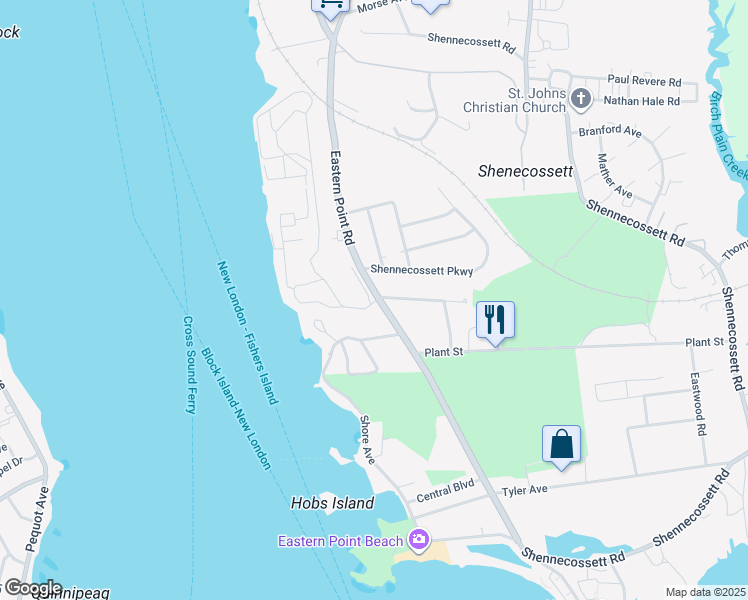 map of restaurants, bars, coffee shops, grocery stores, and more near 7 Eastern Point Road in Groton