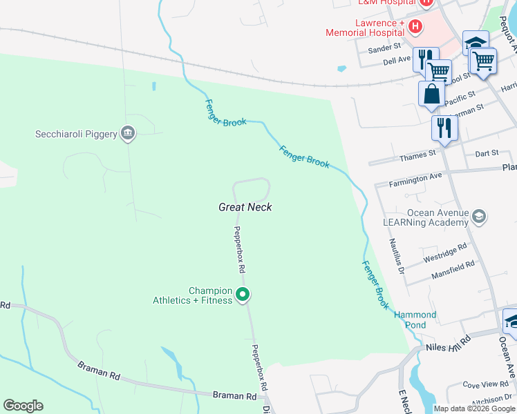 map of restaurants, bars, coffee shops, grocery stores, and more near 72 Pepperbox Road in Waterford
